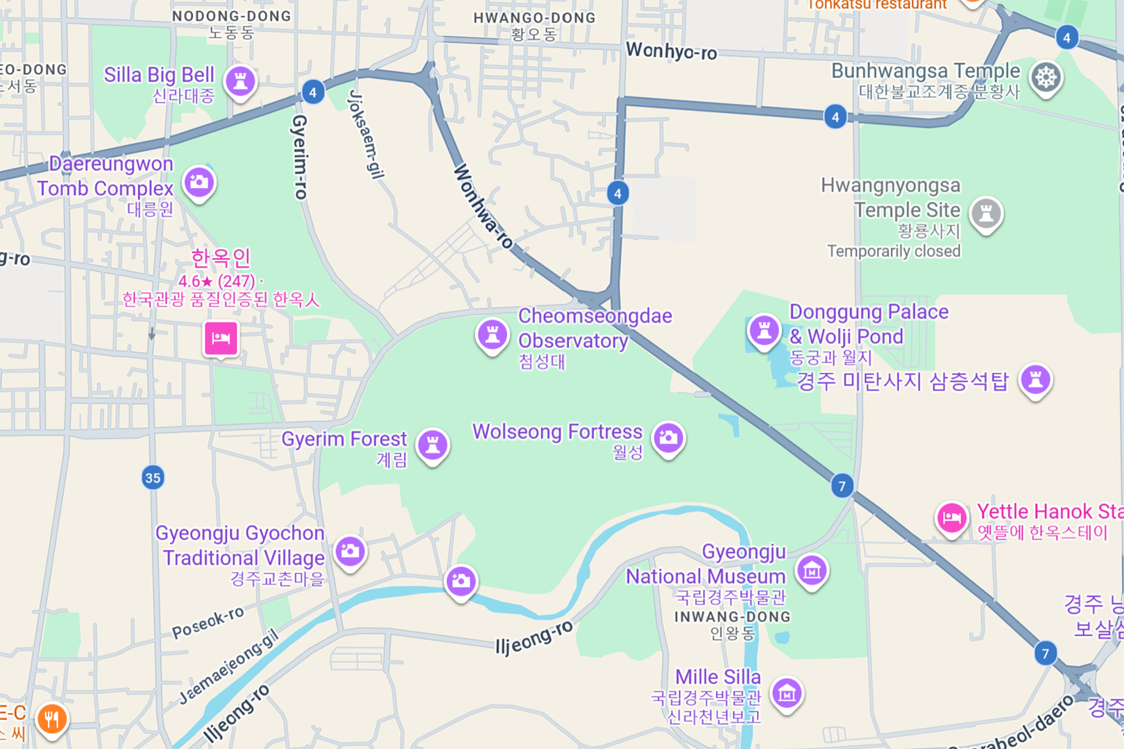 Map of Central Gyeongju with Special Locations marked