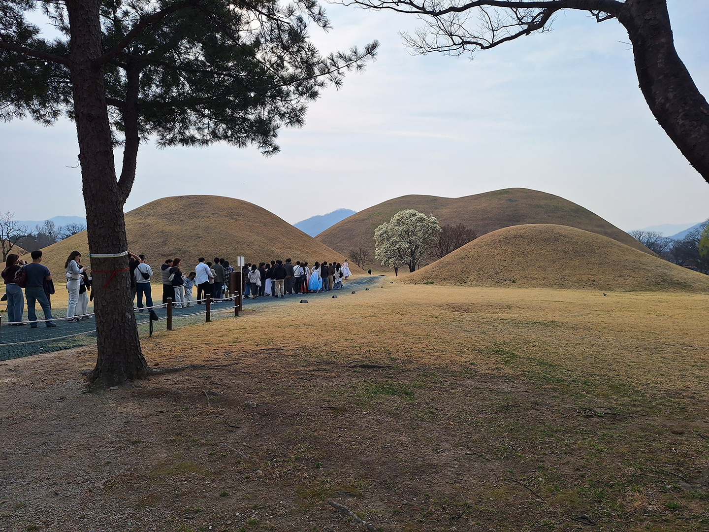 Group of Burial Mounds with line of people waiting to take pictures