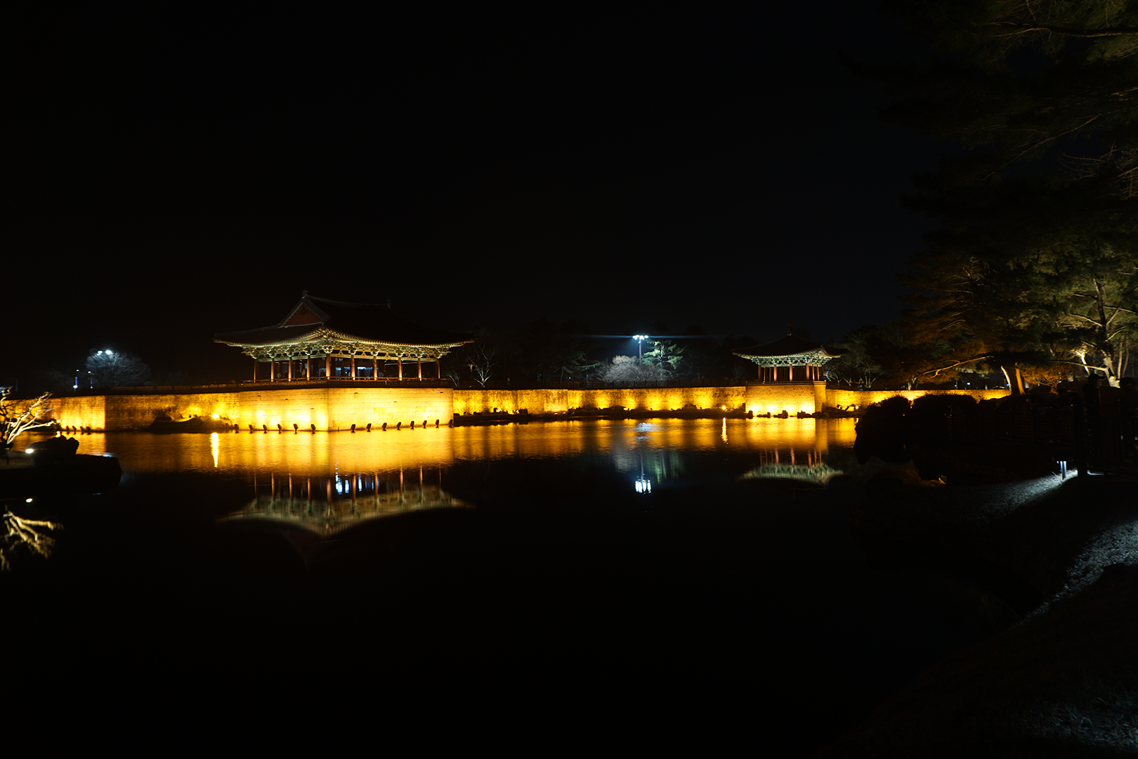 Pond and Korean Architecture lit up at night