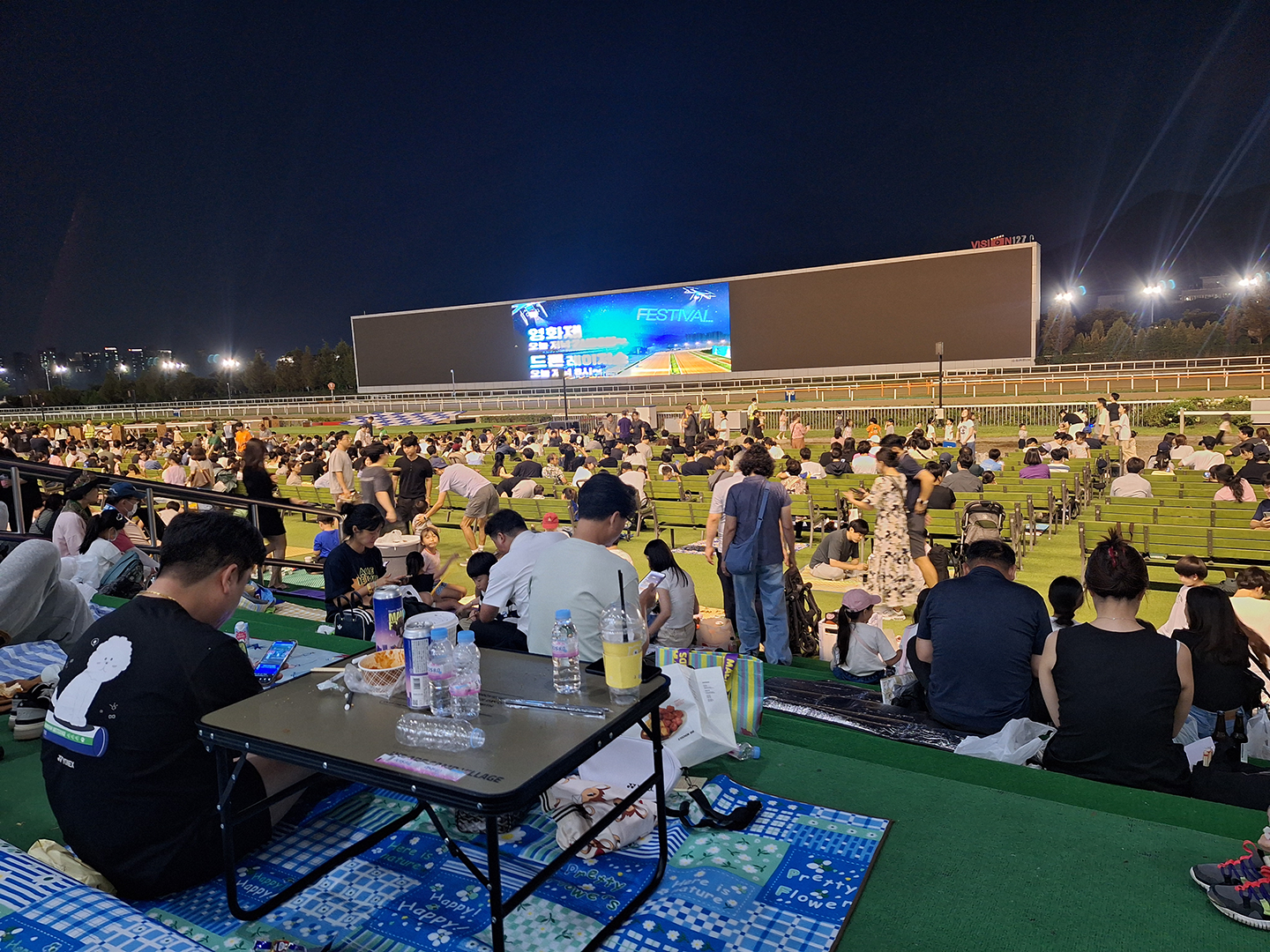 View of the screen with people picnicking in front of the screens